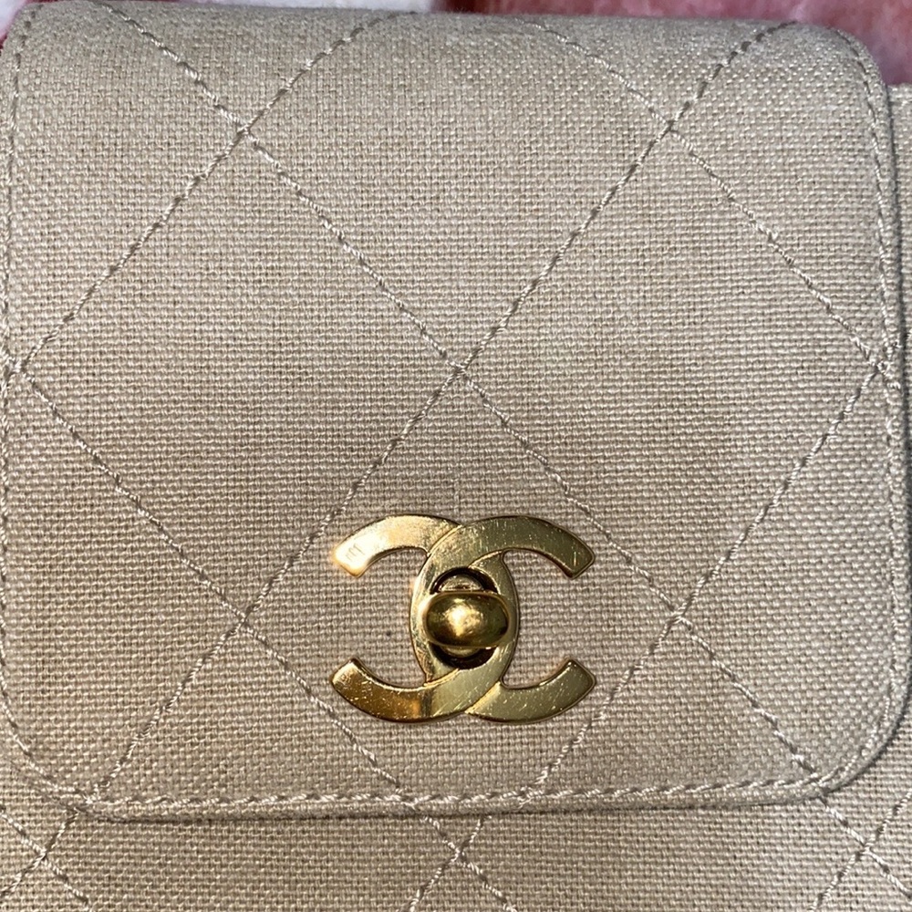 CHANEL Kelly Cc Medium Quilted Flap Turnlo Beige - Gold Canvas Shoulder … - Picture 7 of 14